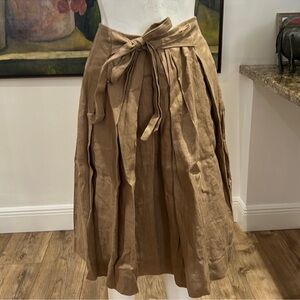 ZARA 100% Linen A-Line Midi Skirt Tie-Waist Pleated XS in Camel Tan